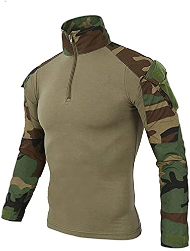 Uugood Chemise de Combat Homme Chemise Militaire Homme Tactique T-Shirt Chemise à Manches Longues Chemise Camouflage pour la Chasse Airsoft Randonnée Paintball, des Bois, XL