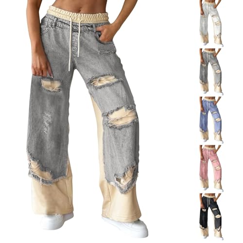 Women's Stitching and Ripped Design 2025 Drawstring Stretch-Waistband Wide-Leg Panelled Jeans