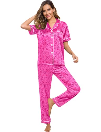 Image of SWOMOG Women Satin Pajamas Set Short Sleeve Top & Pants Sleepwear Silky Button Down Nightwear 2pcs Loungewear Pjs Set