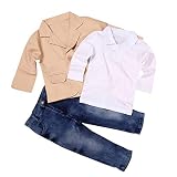 MYGBCPJS 3Pcs Boys Gentleman Outfits Set Kids Formal Jacket Suit Apricot Coat + Long Sleeve T-shirt + Jeans