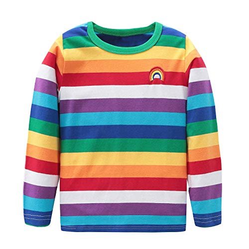 Boys Long Sleeve T-Shirts Rainbow Striped Cotton Shirts Kids O-Neck Tops 4T