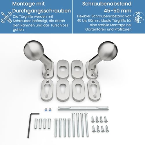 Sempro 2 drehbare Kugelknäufe auf 70x32mm oval Rosette aus Rostfreier Edelstahl für Gartentore, flexibler Schraubenabstand von 45 bis 50mm