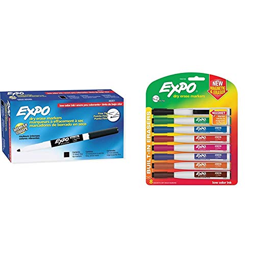 EXPO 86001 Low Odor Dry Erase Marker, Fine Point, Black (Pack of 12) & 1944748 Magnetic Dry Erase Markers with Eraser, Fine Tip, Assorted Colors, 8-Count
