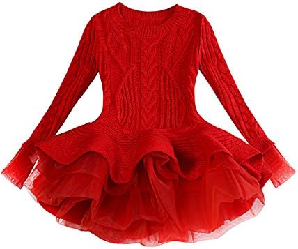 Sweater for Baby Little Girls' Fall Sweater Outfits Long Sleeve Dress Kids Children Girls' Casual Dresses Knit Cotton Size for 2 3-4 Years Ruffle (Red 100)