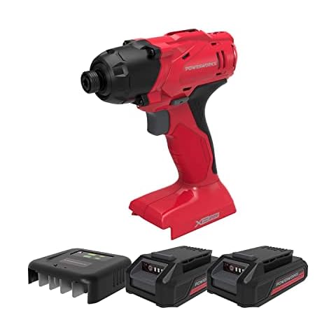 POWERWORKS 20V Li-Ion Brushless Impact Driver Drill Set with 20V 1.5Ah Battery 0.5Ah Charger Pack Cover