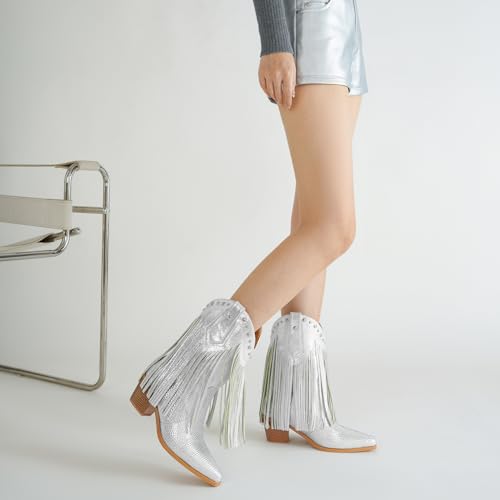 AIJIVOU Women's Rhinestone Fringe Cowgirl Ankle Boots, Sparkly Western Cowboy Boots Pointed Toe Knee Block Chunky Middle Heel Pull On Bling Tassel Booties for Women Girl Party4