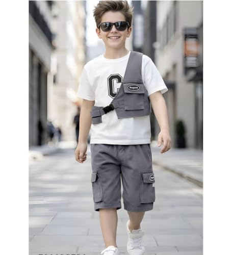 Image of Kids Boys 3-Piece Outfit Set | Half Sleeve T-Shirt, Utility Vest & Cargo Shorts with Cap | Stylish Casual Summer Clothing Set for Boys