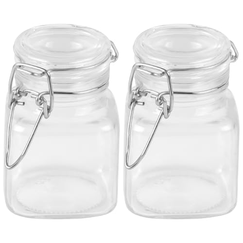 MIDELONG Spice Jars, 3oz Square Glass Jars with Hinged Glass Lid, Empty Spice Containers, Leak Proof Rubber Gasket for Home Kitchen Arts Crafts Decoration Snack Foods and Sauces, Pack of 2