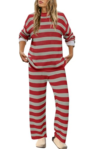 Image of SENSERISE Womens Striped Set Sweater Lounge Sets | Pajamas Set, Loungewear Set, Oversized Knit Sweater, Wide Leg Pants with Pockets, Fall Outfits, Pants Set