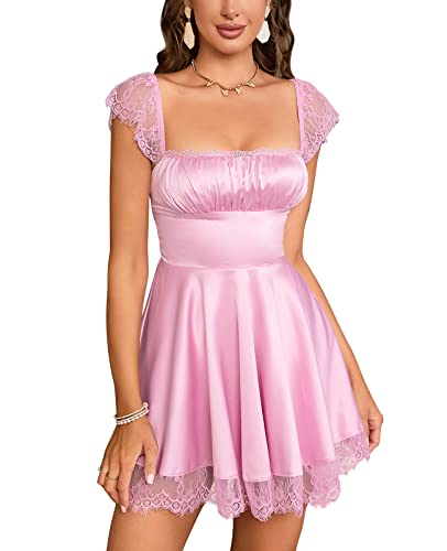 EYNMIN Women's Lace Strap Satin Flowy Homecoming Party Mini Short Dresses