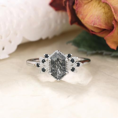 Natural Gemstone Wedding Ring for Women 925 Sterling Silver Platinum Plated Black Rutilated Quartz Vintage Promise Engagement Ring for Her Size 4-92