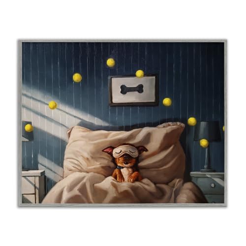 'Morning Dog Sleeping Eye Mask Bouncing Tennis'| Framed Giclee Art