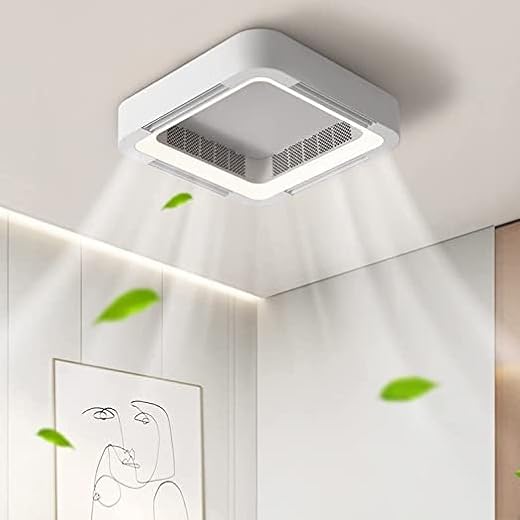 HIGOH Chandeliers,Ceiling Fan with Lighting, Square Bladeless Fan Ceiling Lighting - Dimmable Via App Remote Control - 6 Speed ​​Silent Fan Light - Living Room Family Bedroom/Ceiling Lamp