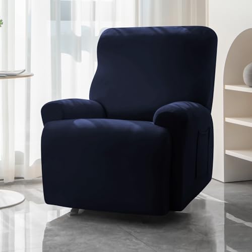 Image of HOKIPO 'SereneSolids' 140 GSM 4-Pieces Elastic Stretchable Recliner Sofa Cover 1 Seater Fully Covered Soft Washable Sofa Slipcovers Furniture Protector, Navy Blue (AR-4740-NBLU)