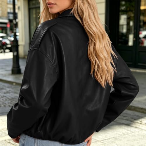 YMADREIG Womens Cropped Faux Leather Jacket Oversized Moto Bomber Coat - image 3