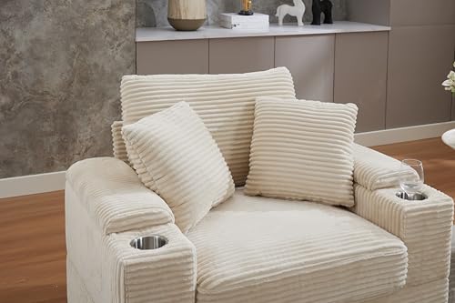 Image of 50 inch Corduroy Upholstered Chaise Lounge Chair Indoor, Modern Lazy Sofa with Storage Armrest, Sleeper Couch with Cup Holders for Living Room, Beige