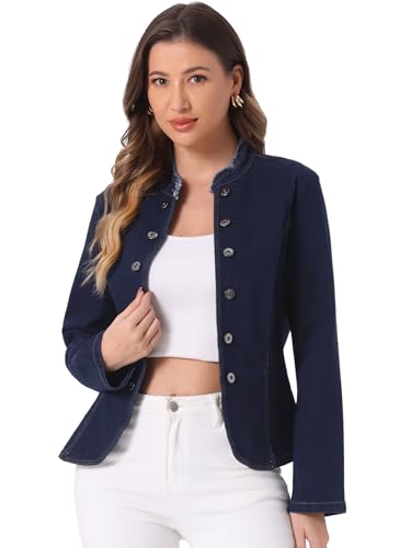 Allegra K Denim Blazer for Women's Open Front Stand Collar Jeans Jacket