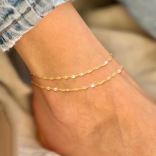 Image of Robaice Ankle Bracelets for Women, Glitter Waterproof Adjustable Anklet for Women, 14K Gold Plated /Sterling Silver Layered Anklets, Summer Beach Anklet Jewelry for Women Gift