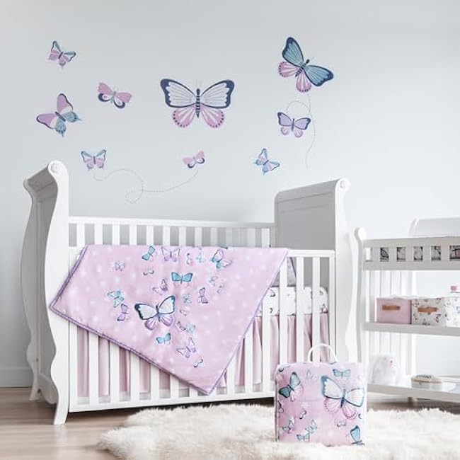 Butterfly Crib Bedding Set for Girls - 5 Pieces Including Baby Girl Blanket, 2 Crib Sheets, Crib Skirt, and Purple Butterfly Wall Sticker - White & Pink - Butterfly Nursery Decor