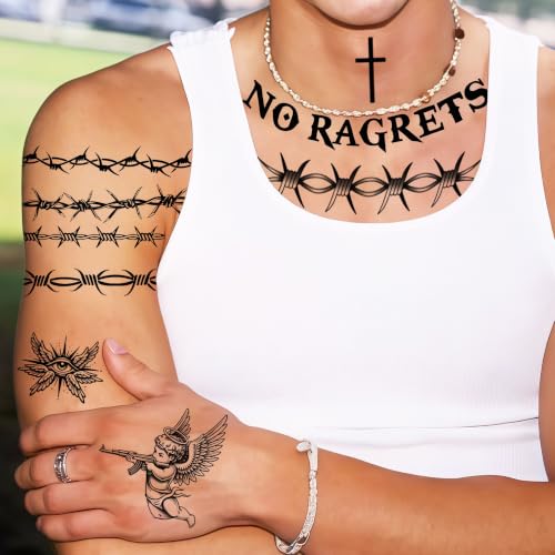 Image of 4 Sheets Y2K Barbed Wire Temporary Tattoos For Men Women Adults White Trash Bash Party Favors, Realistic NO RAGRETS Tramp Stamp Fake Thorns Tattoos Halloween Costume Heart Skull Tattoos Neck Stickers