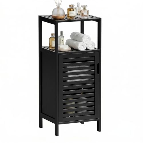 HITNET Bamboo Floor Cabinet, Small Bathroom Cabinet Floor Standing, 4 Tier Narrow Side Storage Cabinet, Space Saving Kitchen Cupboard with Single Door, Black