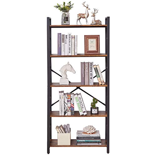 Oiahomy Industrial Bookshelf，5-Tier Vintage Bookcase And Bookshelves，Rustic Wood And Metal Shelving Unit，Display Rack And Storage Organizer For Living Room, Rustic Brown #TOP6