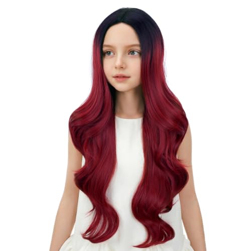 Image of Black Ombre Red Wig for Kids Long Black Mixed Wine Red Middle Part Wig for Child Long Wavy Curly Wigs for Girls Heat Resistant Synthetic Wigs with Cap