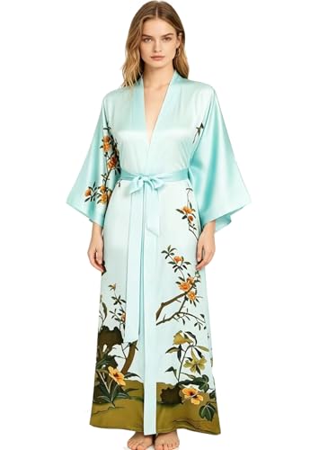 Image of Women's Classic 100% Silk Kimono Robe, Bathrobe-Printed Pattern