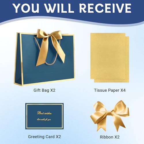 Image of JMANNI Gift Bags with Handles, 13 inch Medium Gift Bags with Tissue Paper | 2 Pcs Blue Bags, 4 Tissue Paper and 2 Cards, for Baby Shower, Wedding Bridal Shower, Birthday Party