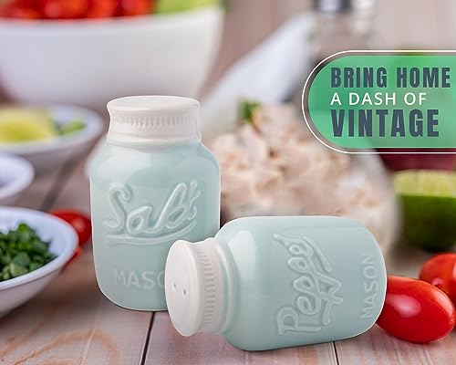 image for Comfify Mason Jar Salt & Pepper Shakers – Aqua Blue Ceramic – Rust