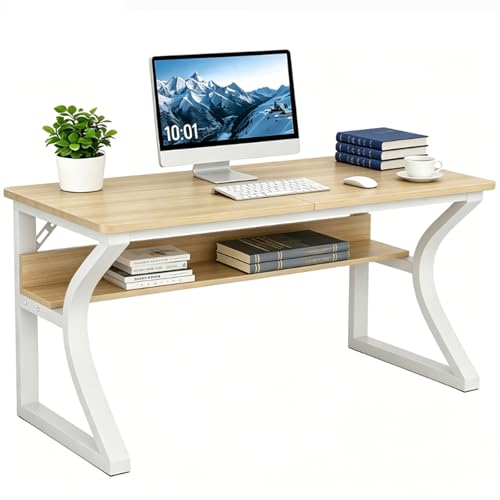 Image of 55 inch Computer Desk, Home Office Desk with Storage Shelf, Sturdy U-Shaped Metal Frame Study Table with Cable Management, Gaming Desk for Office & Bedroom (Light Walnut, 55inch)