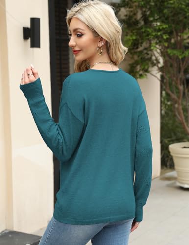 Image of Zeagoo Womens Sweaters Fall Trendy Casual Long Sleeve Shirt Lightweight V Neck Off Shoulder Crochet Pullover Top Outfit
