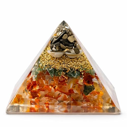 Image of Money Magnet Pyramid with Natural Pyrite, Gomti Chakra, Pyrite Dust, Green Jade, Carnelian Stone | Crystal Orgone Pyramid Showpiece for Home & Office | Ideal for Good Luck, Success, Positive Energy