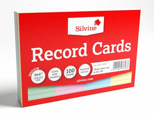 Silvine A6 Multi-Coloured Record Cards - Lined with Headline, 100 Cards Per Pack (Size 6x4'), 564AC