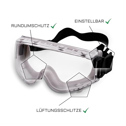 gomey Vollsichtschutzbrille - Kratzfest und Schlagfest – Ideal für das Tragen mit Atemschutzmasken oder Brillen