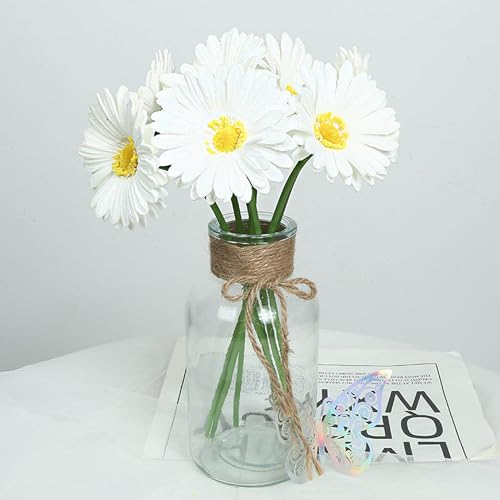 Image of CURATED CART Gerbera Daisy Flowers - Pack of 5 White Faux Blooms, 30cm Tall | Real Touch PU Petals with Bendable Green Stems | Artificial Flower Bouquet for Home, Kitchen, Office (White) (No Vase)