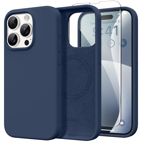GONEZ Magnetic for iPhone 15 Pro Max Case [Compatible with MagSafe] Anti-Scratch Microfiber Lining & Screen Protector Shockproof Slim Phone Silicone Cover 6.7 inch Dark Blue