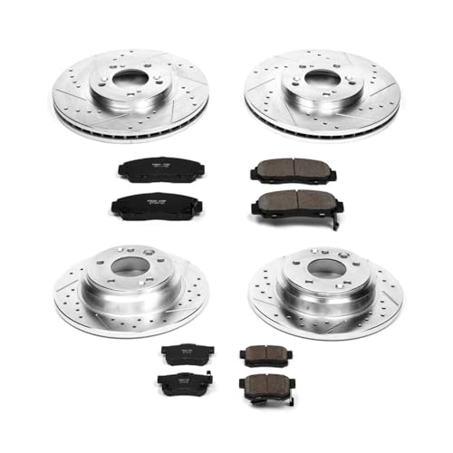 Image of PowerStop Front and Rear Brake Kit for Acura RL 1999-01 - Drilled and Slotted Disc Rotors with Carbon-Fiber Ceramic Brake Pads Replacement, K2715