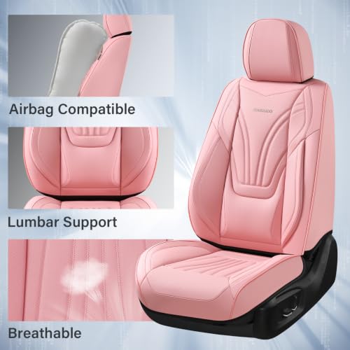 Image of Coverado Car Seat Covers Front Seats, 2 Piece Car Seat Protector with Lumbar Support & Removable Headrest, Breathable Leather Seat Cushion Universal Fit for Truck Automotive Vehicles Pink