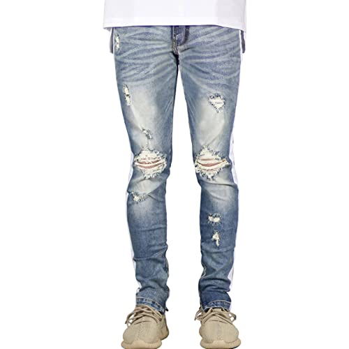 Maiyifu-GJ Men's Side Striped Slim Fit Jeans Destroyed Ripped Skinny Denim Pencil Pants Ripped Hip Hop Ankle Zipper Jean