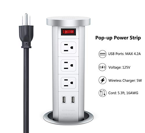 Btu Automatic Pop Up Outlet, Surge Protector Power Strip With Usb, Retractable Recessed Power Strip 3 Ac Outlets, 2 Usb Ports 4.2A Fast Charge, 10W Wireless Charger For Kitchen Counter Island #TOP1