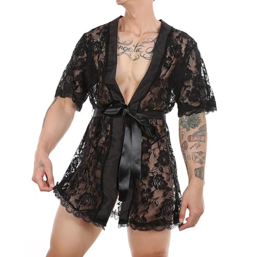 Mens Sexy Lace Bathrobe Mesh Sheer Lingerie Robe Short Sleeve Nightgown Belted Sleepwear Sets with Thongs