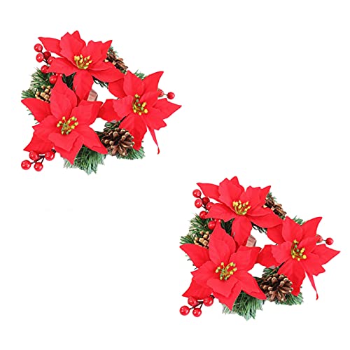 MOOVGTP Lot de 2 anneaux de bougie de Noël, poinsettia rouge, pommes de pin, baies, couronne de Noël, centre de table pour décoration de table de fête Cover