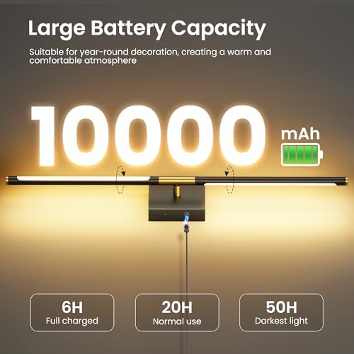 Battery Operated Wall Sconces Set of Two, 10000mAh Rechargeable Wall Lights with Remote Control, 360° Rotate Dimmable Black Gold LED Wireless Lighting for Bedroom, Living Room, Hallway, 29 Inch, 3CCT - 1