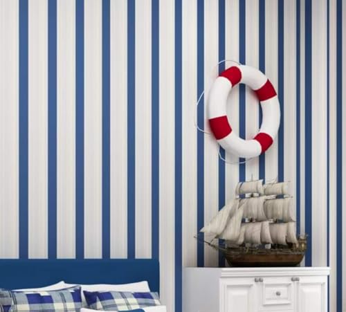 Papier peint intissé Auto-adhésif Rayures verticales minimalistes modernes Peel and Stick Film Autocollant Meuble Décoratif pour Salon Chambre à Coucher de Cuisine 0,53 m x 3 m = 1.59 m²(Bleu foncé)