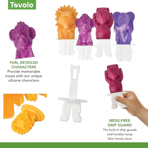 Image of Tovolo Animal Popsicle Molds Zoo Crew Set of 4 Reusable Popsicle Molds with Sticks Bear Lion Monkey Elephant, BPA Free Silicone Pop Maker for Kids, Dishwasher Safe Animal Ice Molds for Frozen Treats