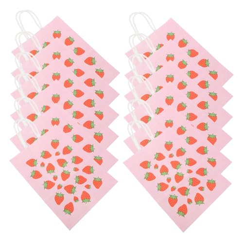 YOSADIER 12個 耐久性紙製ストロベリートートバッグ カートゥーンいちご柄お菓子や小物用持ち手付きプレゼントバッグ 誕生日ベビーシャワー