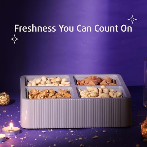 Image of Selvel Global Square Dryfruit Box with 4 Compartments | Airtight Multi-Purpose Storage Box with Tray & Lid | Ideal for Diwali Gifting | 500ml Each | BPA-Free (Lid Grey)