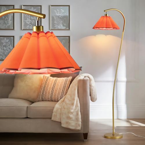 Omlaamy Floor Lamp with Pleated Linen Lampshade Modern Flower Floor Lamp for Living Room Arc Standing Lamp Gold Tall Lamp for Bedroom Office Dining Room Bulb Included (Gold + Orange Color 66.1IN)