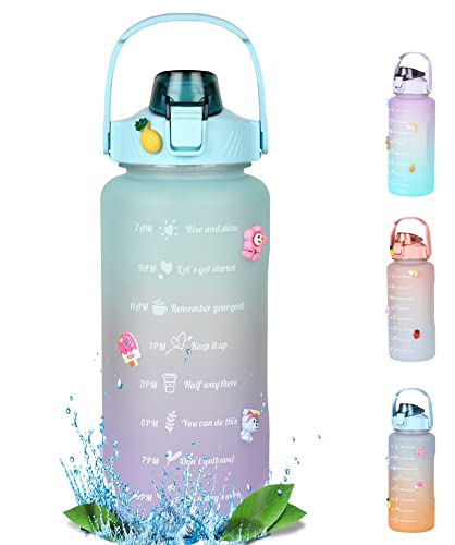 House of Quirk 2 Litre 3D Sticker Water Bottle with Straw, Unbreakable Sports Water Bottles with Handle, Leak Proof Tritan Drinks Bottle BPA Free for Gym Fitness Outdoor Sports – Blue/Purple